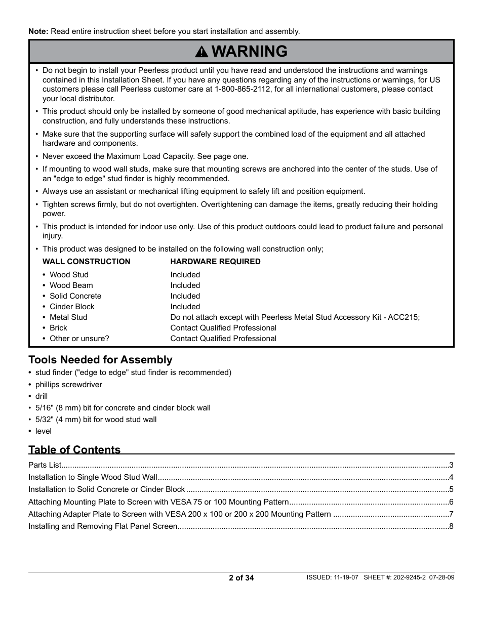 Peerless-AV PT630 - Installation User Manual | Page 2 / 34