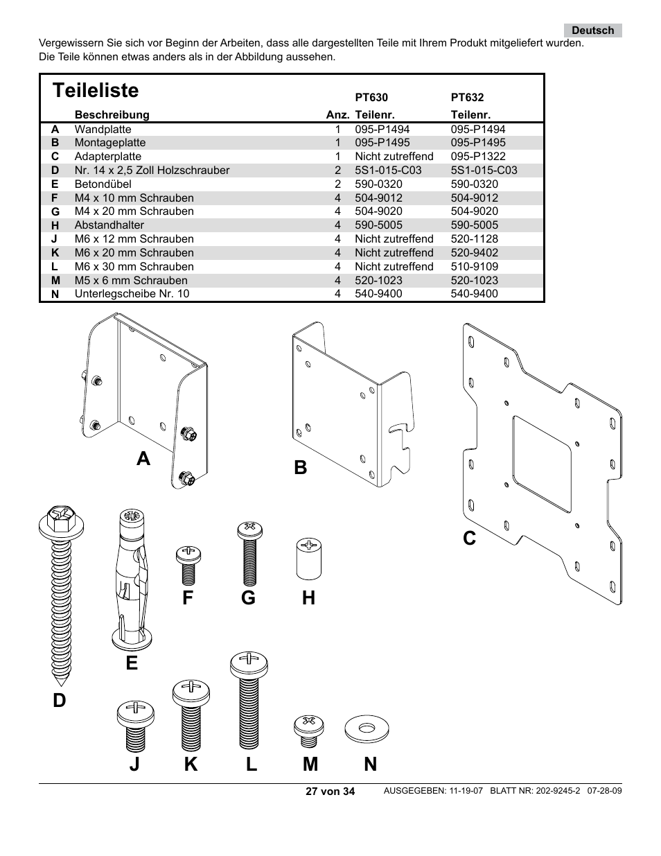 Teileliste | Peerless-AV PT630 - Installation User Manual | Page 27 / 34