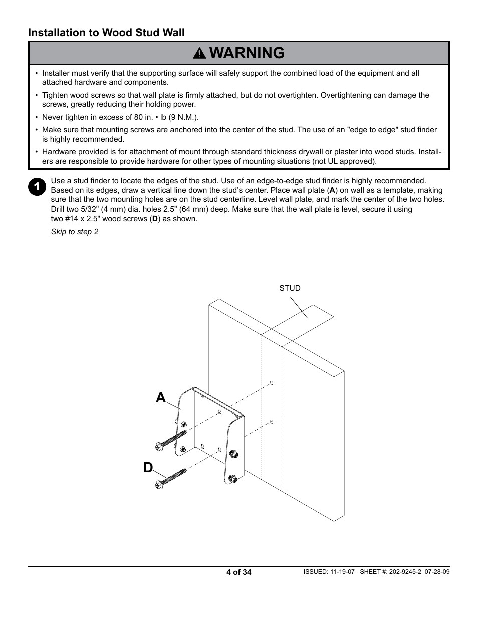 Warning, Installation to wood stud wall | Peerless-AV PT630 - Installation User Manual | Page 4 / 34