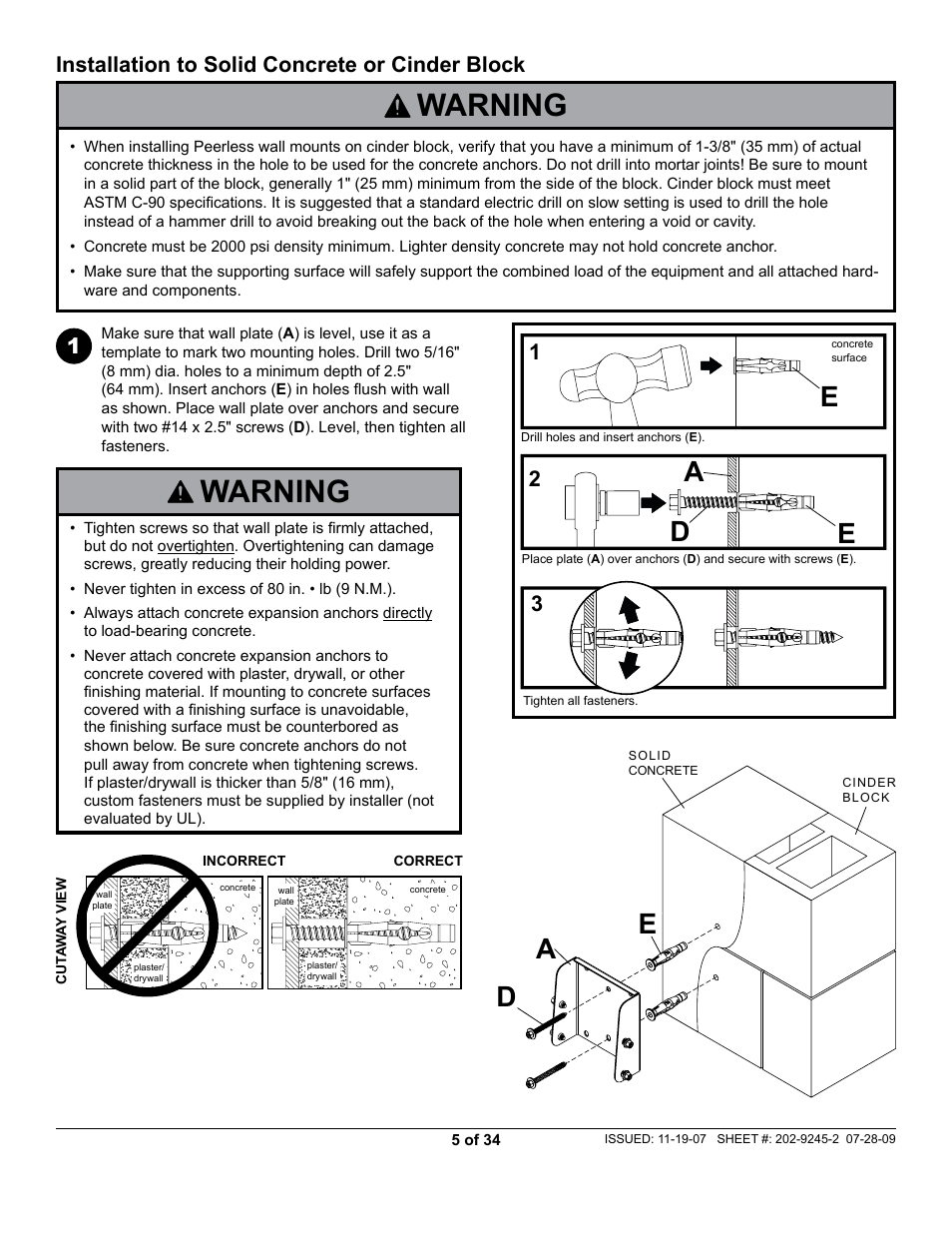 Warning, Ae d, Installation to solid concrete or cinder block 1 | Peerless-AV PT630 - Installation User Manual | Page 5 / 34