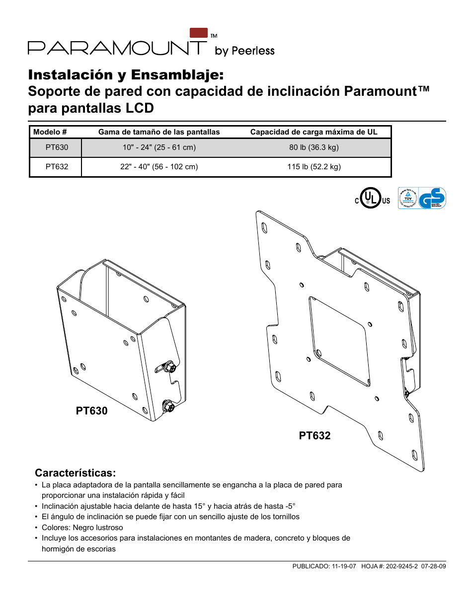 Características | Peerless-AV PT630 - Installation User Manual | Page 9 / 34