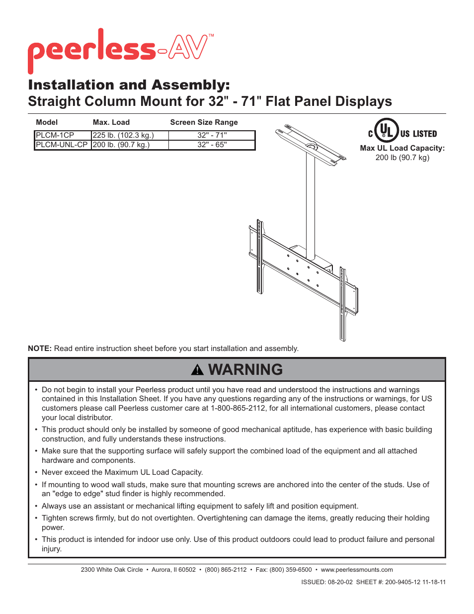 Peerless-AV PLCM-UNL-CP - Installation User Manual | 10 pages