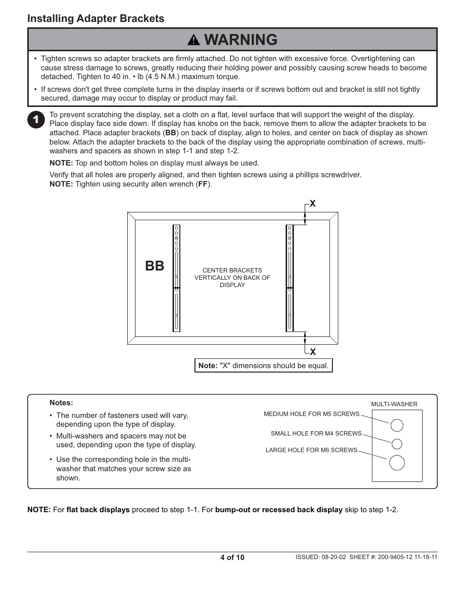 Warning, Installing adapter brackets | Peerless-AV PLCM-UNL-CP - Installation User Manual | Page 4 / 10