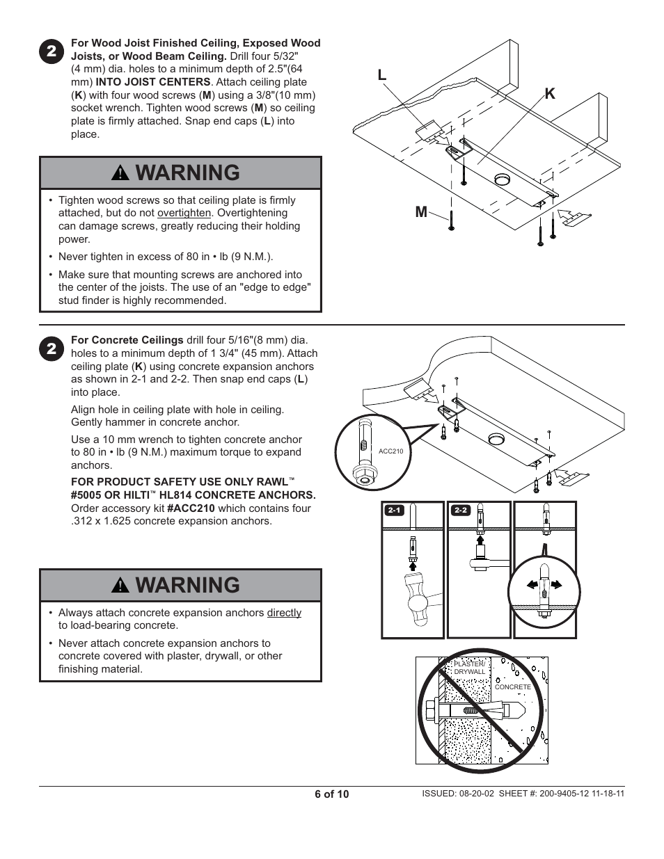 Warning, Lk m 2 2 | Peerless-AV PLCM-UNL-CP - Installation User Manual | Page 6 / 10