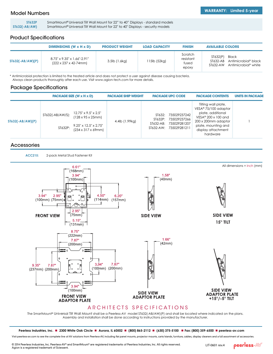 Package specifications accessories, Product specifications model numbers | Peerless-AV ST632P  - Sell Sheet User Manual | Page 2 / 2