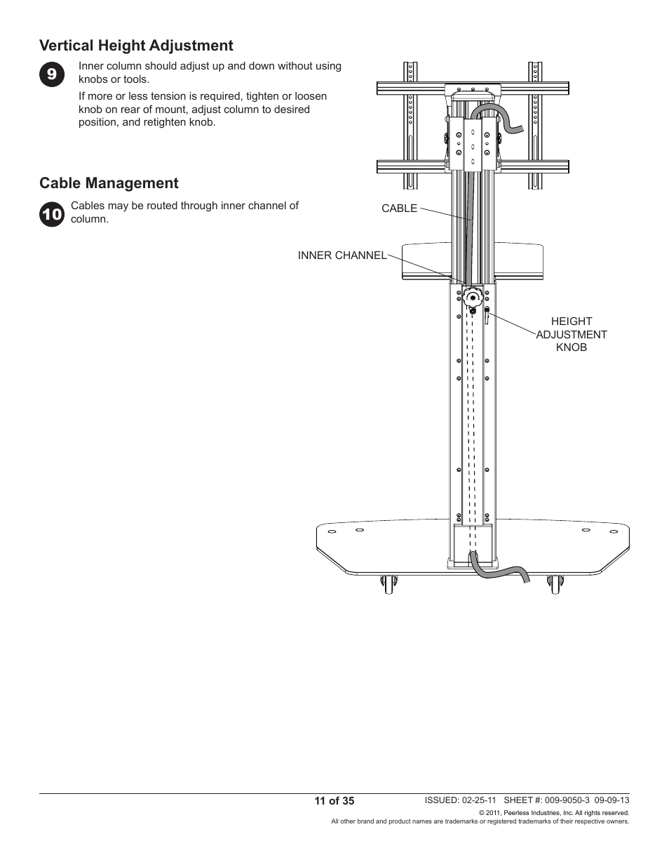 Vertical height adjustment cable management | Peerless-AV SC551GL - Installation User Manual | Page 11 / 35
