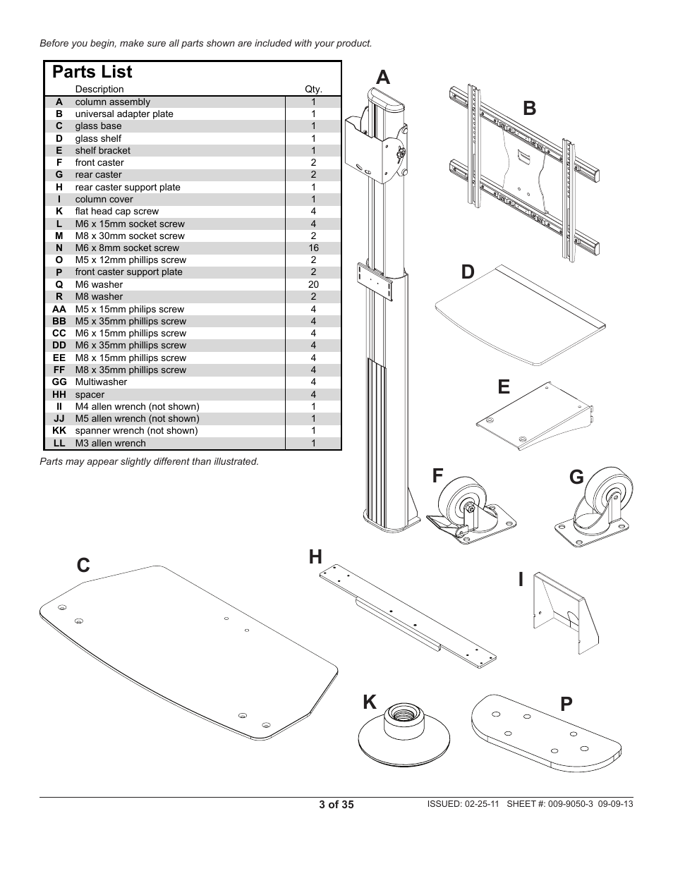 Fg p, Parts list lista de piezas, Liste des pièces | Peerless-AV SC551GL - Installation User Manual | Page 3 / 35