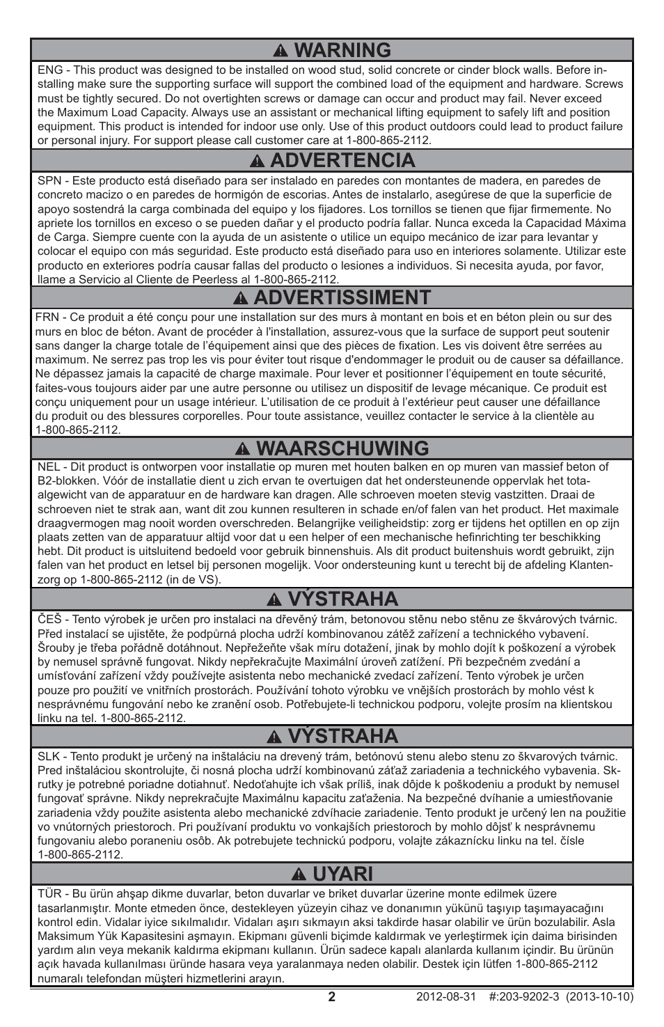 Warning, Výstraha, Advertencia | Advertissiment, Uyari, Waarschuwing | Peerless-AV STL637 - Installation User Manual | Page 2 / 20