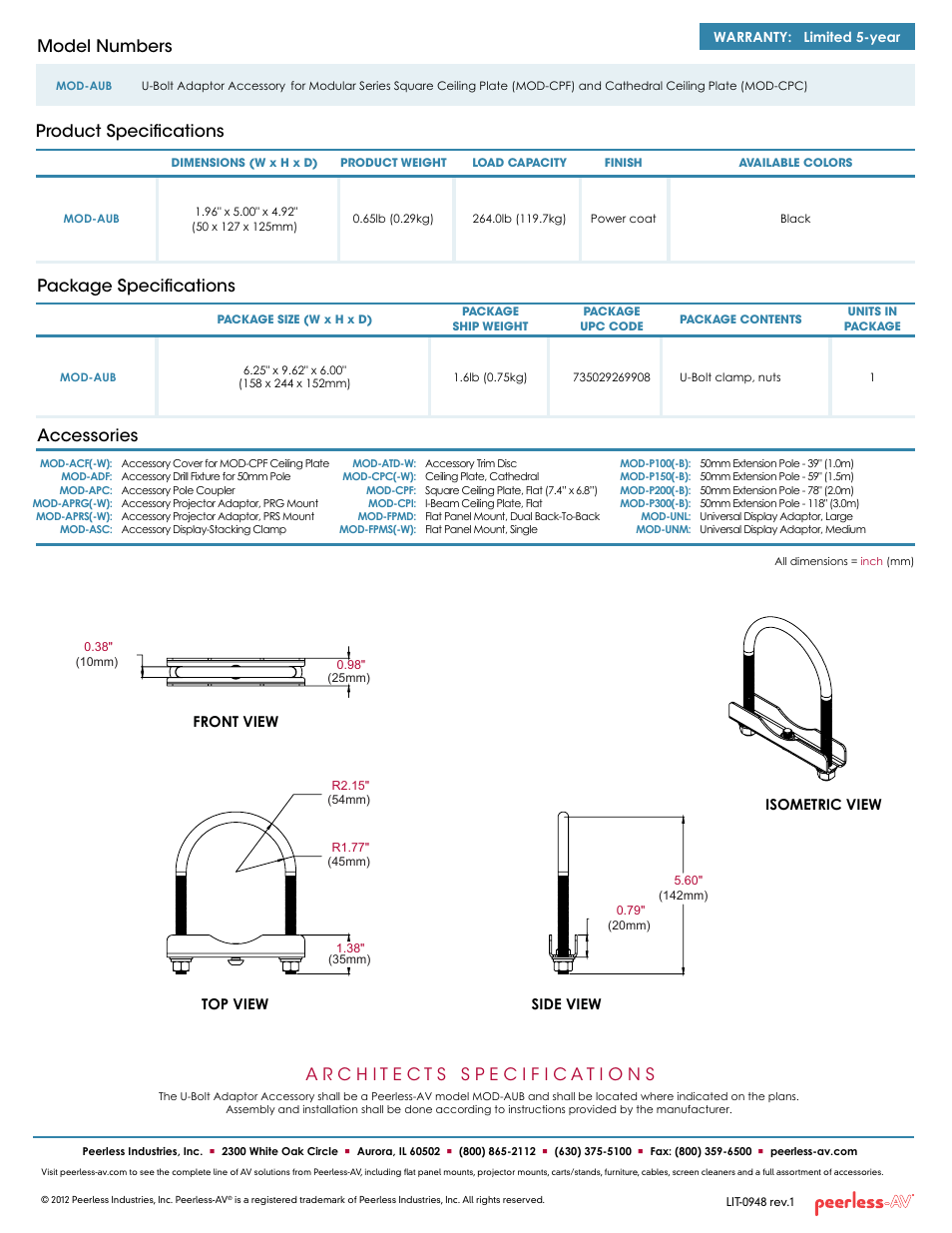 Package specifications, Product specifications model numbers, Accessories | Peerless-AV MOD-AUB  - Sell Sheet User Manual | Page 2 / 2