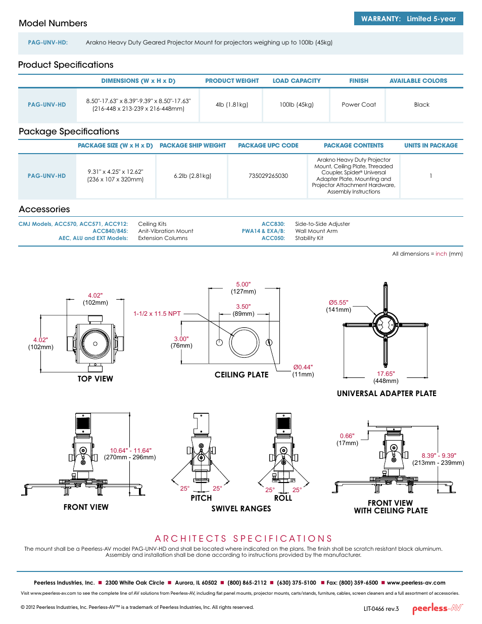Package specifications accessories, Product specifications model numbers, Front view | Swivel ranges pitch, Roll, Front view with ceiling plate, Top view, Universal adapter plate, Ceiling plate | Peerless-AV PAG-UNV-HD  - Sell Sheet User Manual | Page 2 / 2