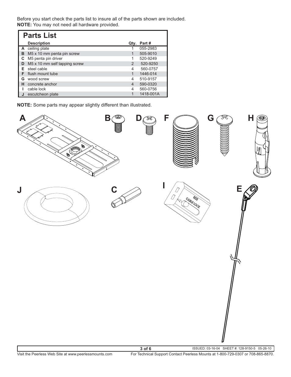 Parts list | Peerless-AV CMJ500R1 - Installation User Manual | Page 3 / 6