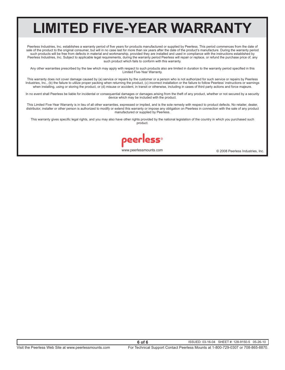 Limited five-year warranty | Peerless-AV CMJ500R1 - Installation User Manual | Page 6 / 6