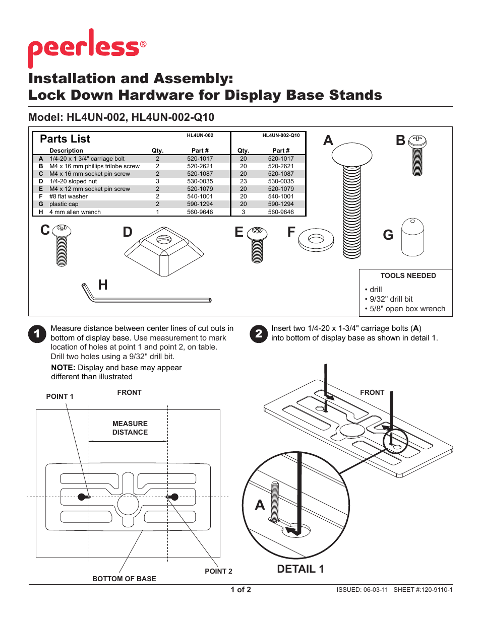 Peerless-AV HL4UN-002-Q10 - Installation User Manual | 2 pages