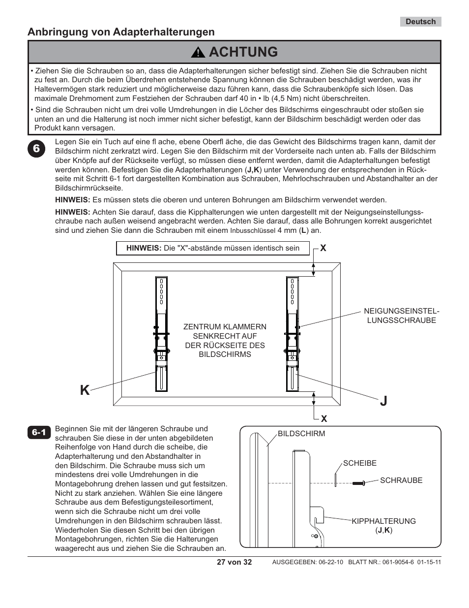 Achtung, Anbringung von adapterhalterungen | Peerless-AV ECMU-04-C-S - Installation User Manual | Page 27 / 32