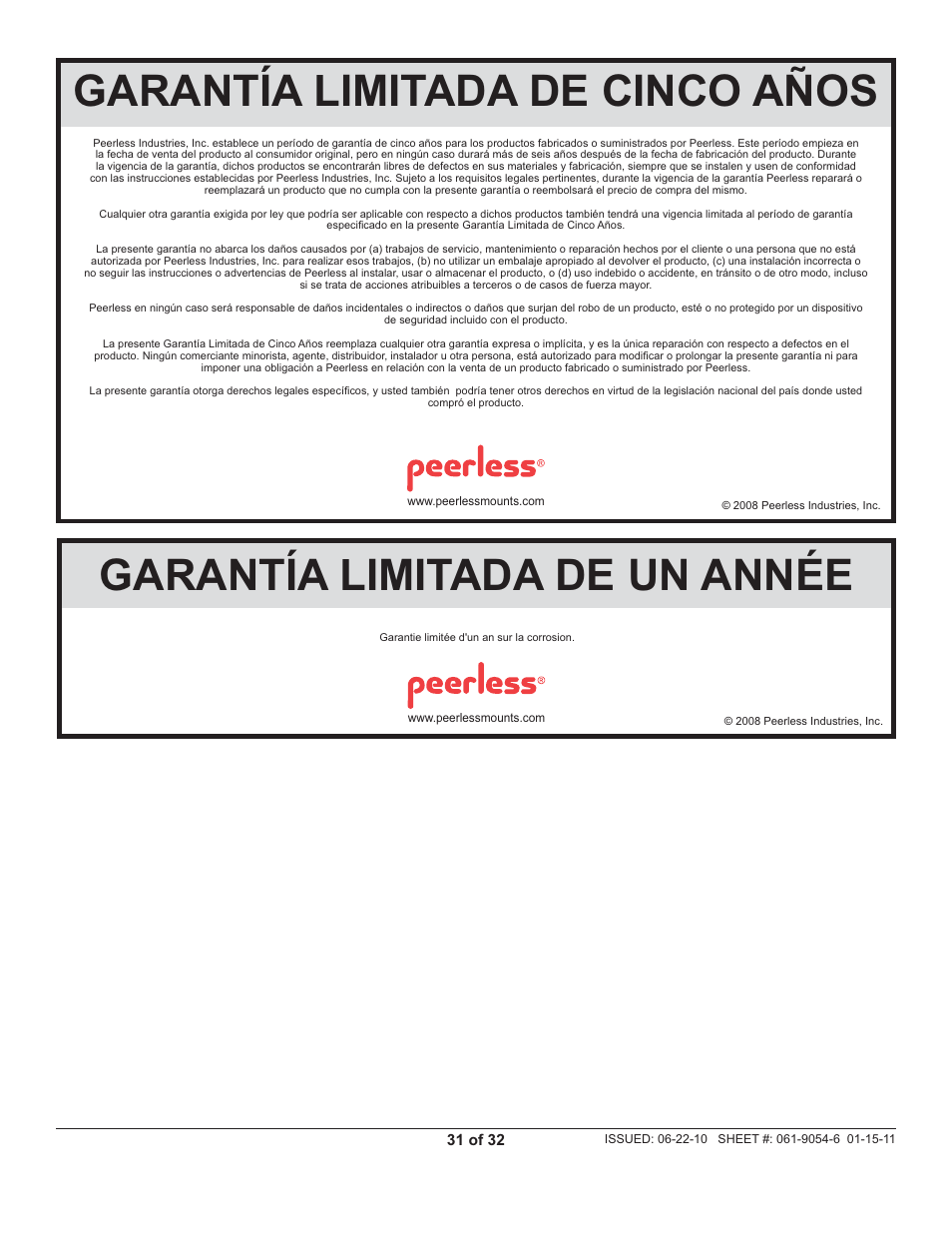 Garantía limitada de un année, Garantía limitada de cinco años | Peerless-AV ECMU-04-C-S - Installation User Manual | Page 31 / 32