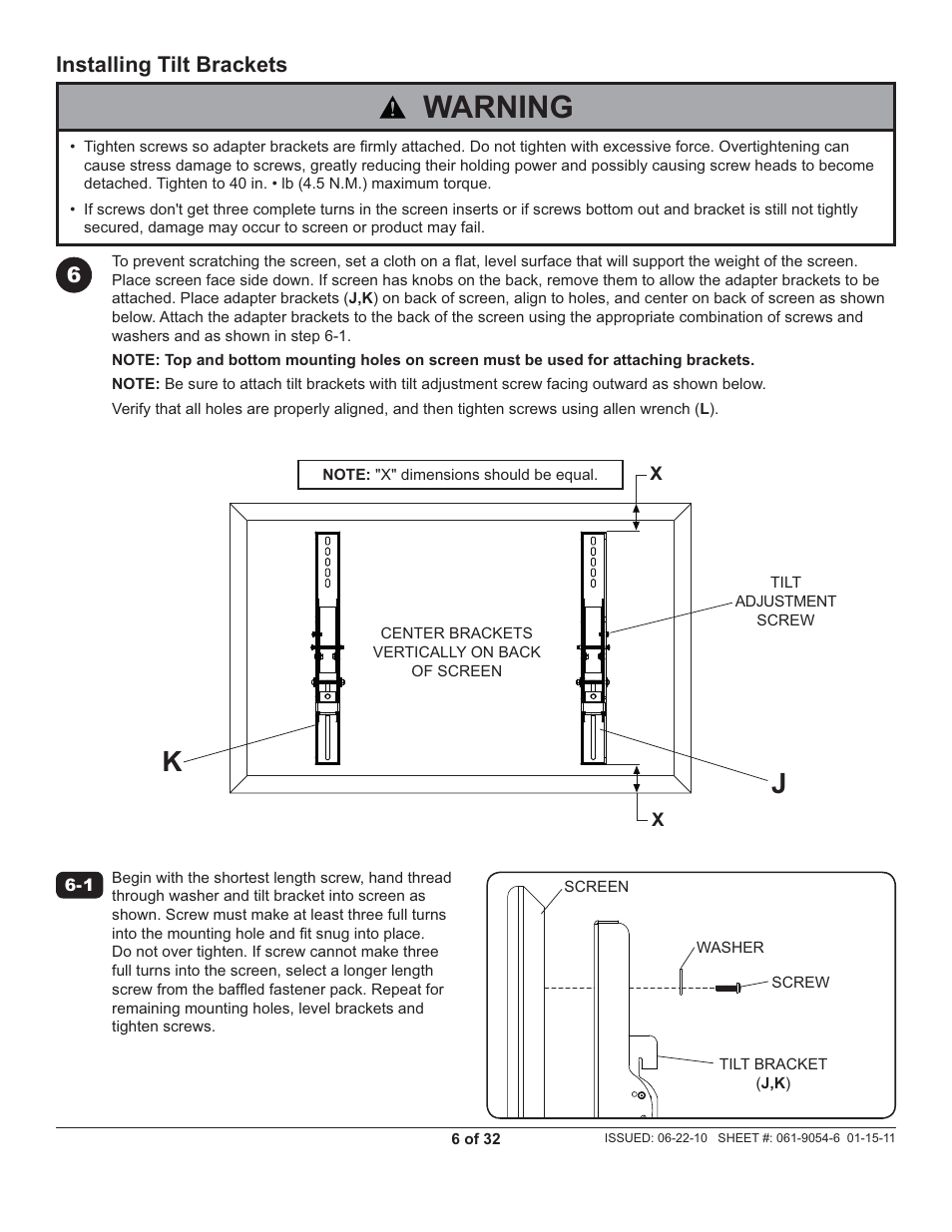 Warning, 6installing tilt brackets | Peerless-AV ECMU-04-C-S - Installation User Manual | Page 6 / 32