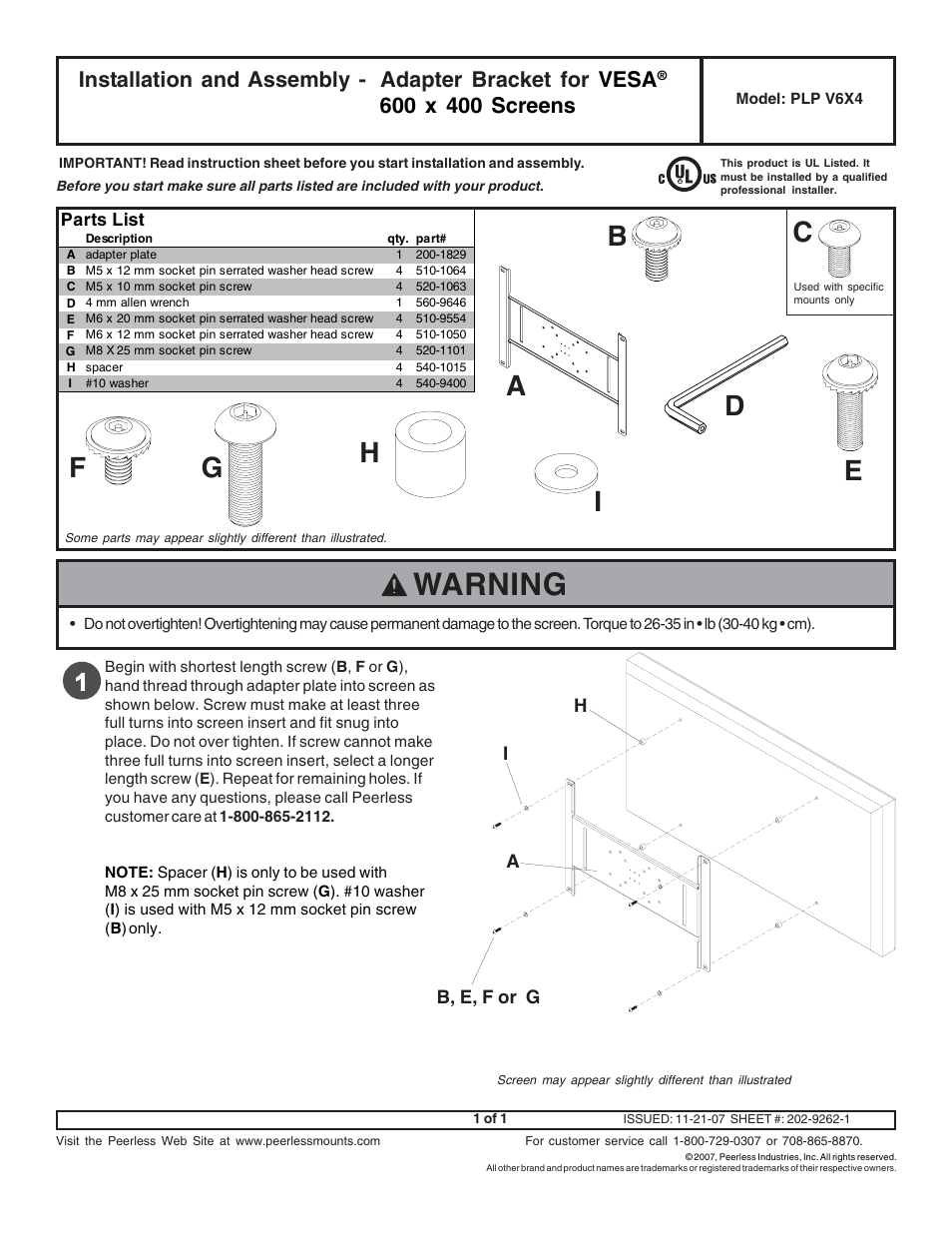 Peerless-AV PLP-V6X4 - Installation User Manual | 1 page