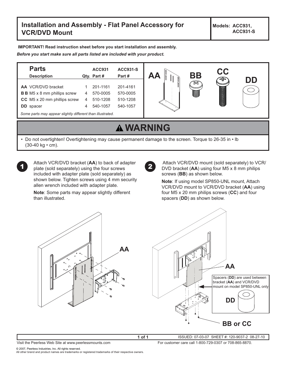 Peerless-AV ACC931-S - Installation User Manual | 1 page