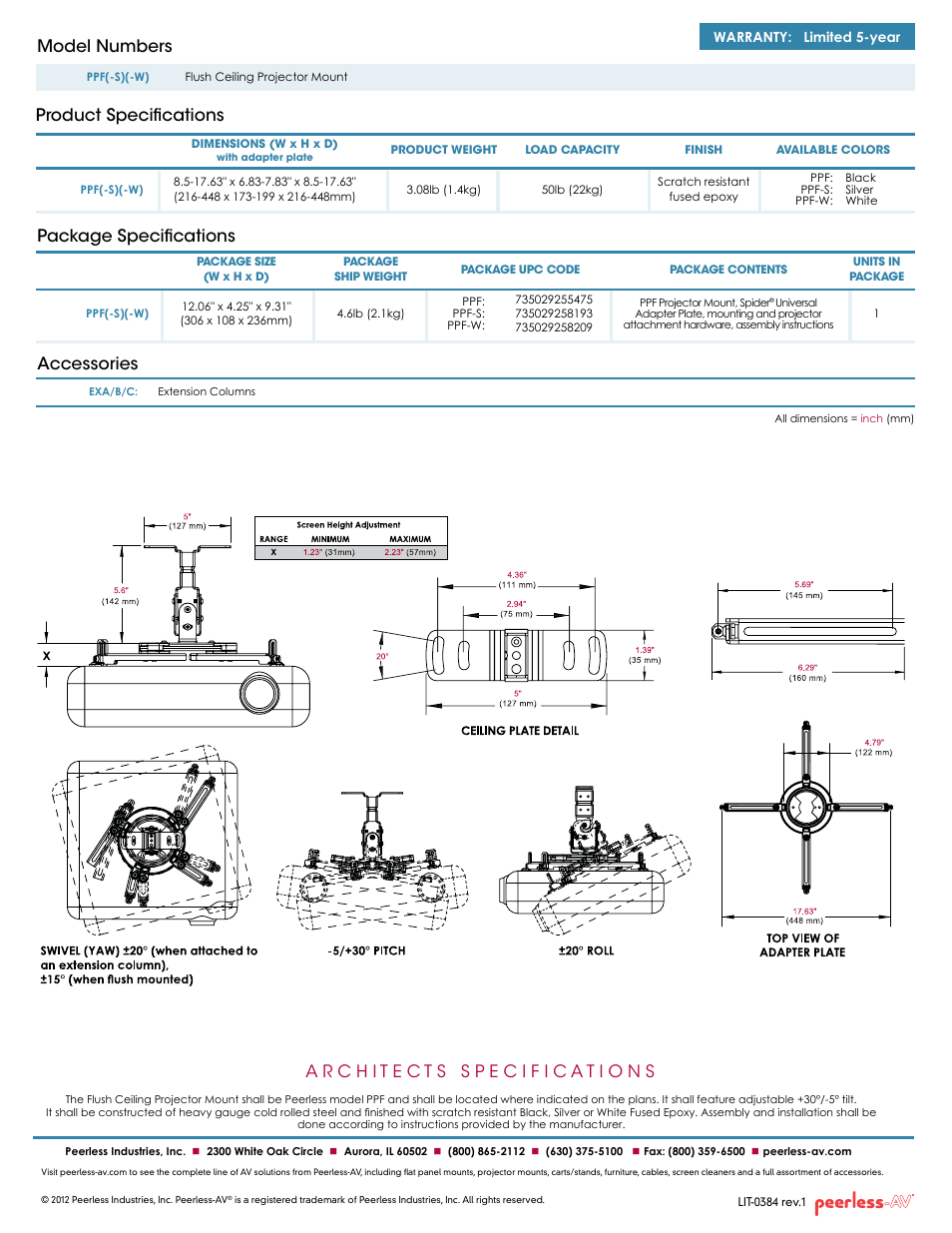 Package specifications accessories, Product specifications model numbers | Peerless-AV PPF-W  - Sell Sheet User Manual | Page 2 / 2