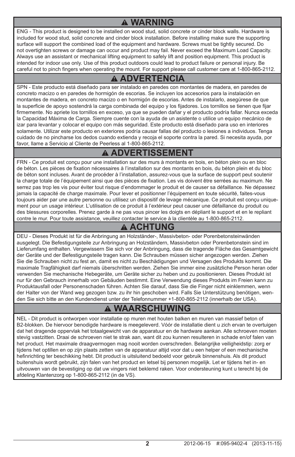 Warning, Advertencia advertissement, Achtung | Waarschuwing | Peerless-AV SA746PU - Installation User Manual | Page 2 / 24