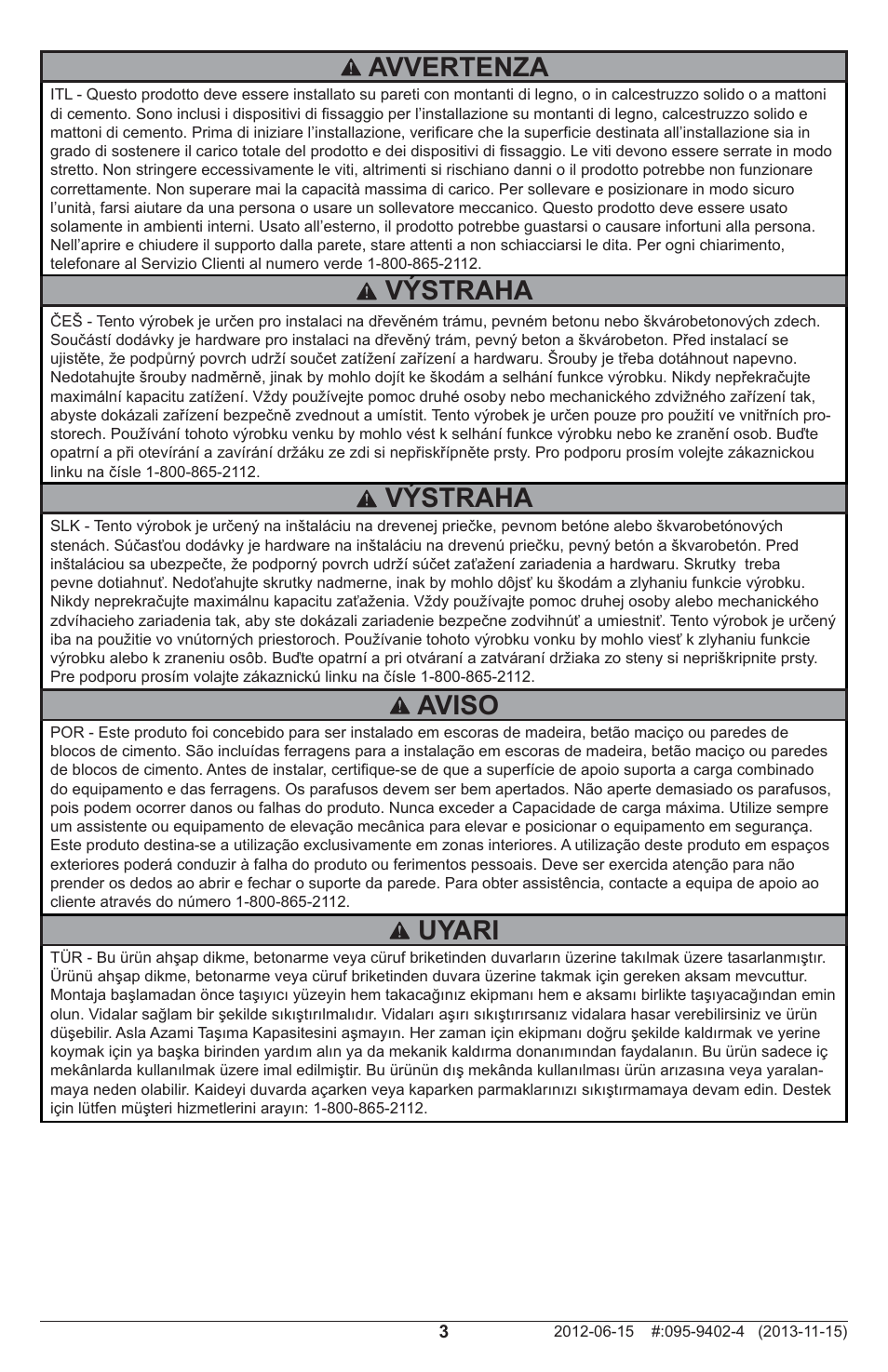 Výstraha, Uyari, Aviso | Avvertenza | Peerless-AV SA746PU - Installation User Manual | Page 3 / 24