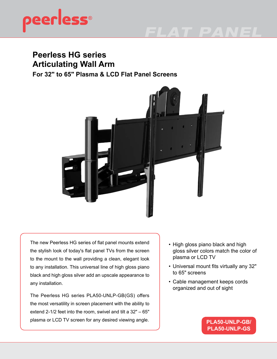 Peerless-AV PLA50-UNLP-GB  - Sell Sheet User Manual | 2 pages