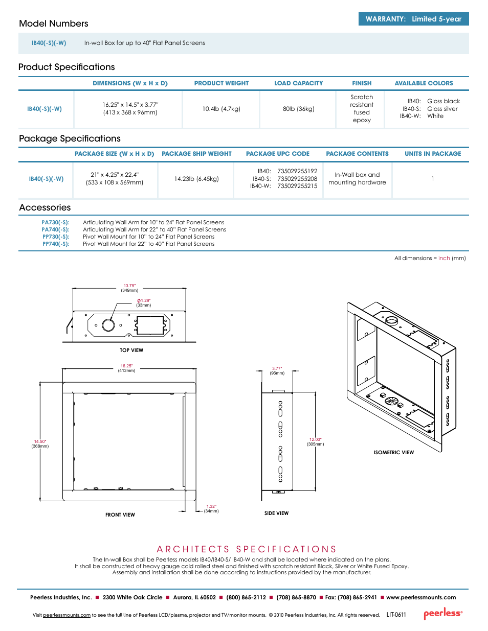 Package specifications, Product specifications model numbers, Accessories | Warranty: limited 5-year | Peerless-AV IB40-W  - Sell Sheet User Manual | Page 2 / 2