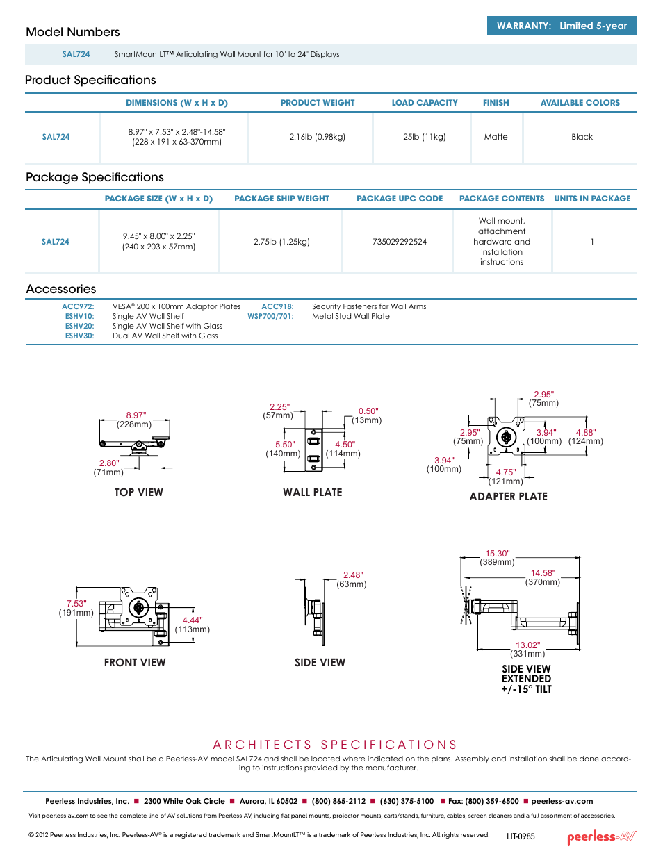Package specifications accessories, Product specifications model numbers, Front view top view wall plate side view | Adapter plate | Peerless-AV SAL724  - Sell Sheet User Manual | Page 2 / 2
