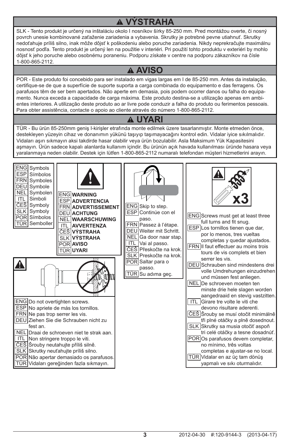 Uyari, Aviso, Výstraha | Peerless-AV MOD-CPI - Installation User Manual | Page 3 / 12