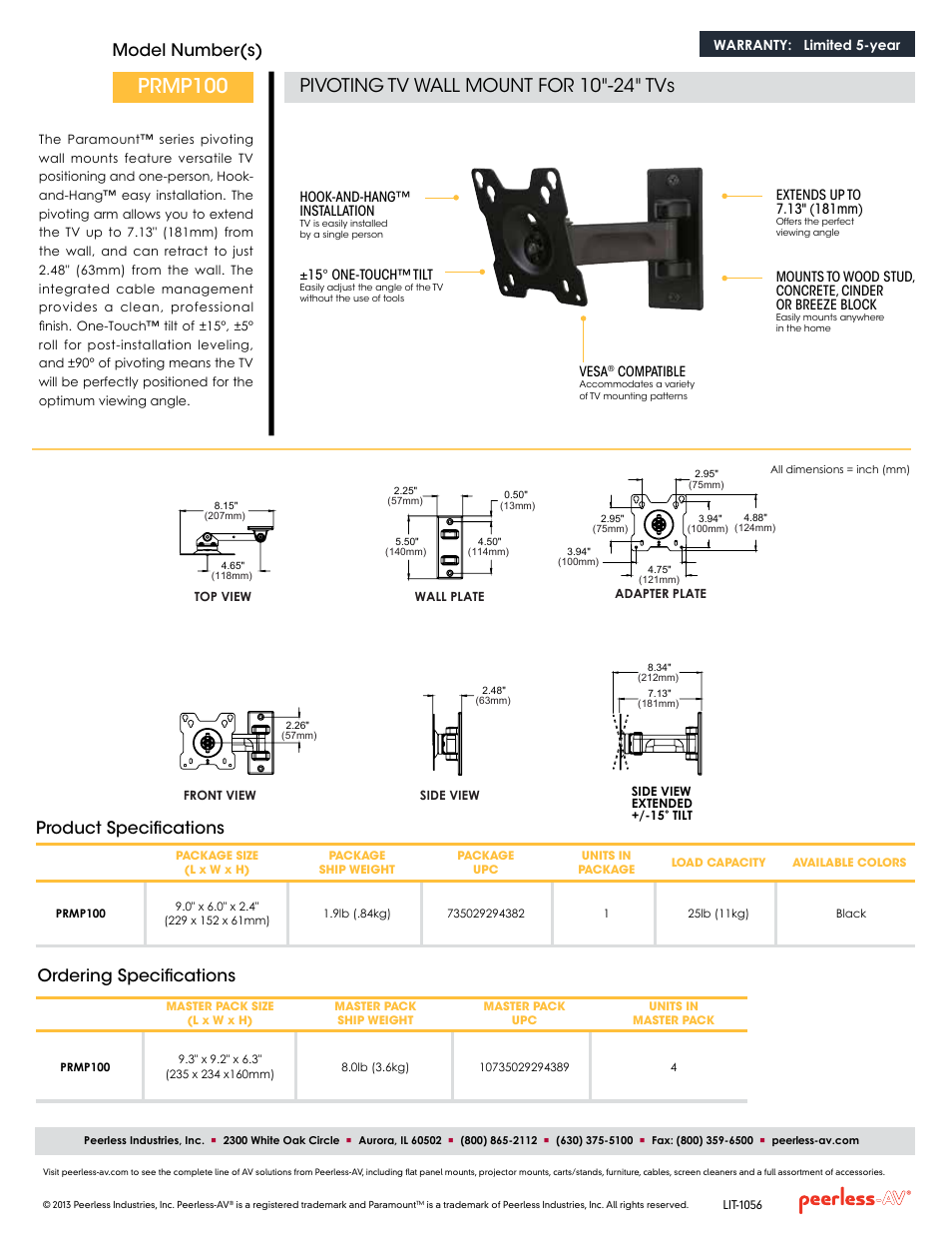 Prmp100, Pivoting tv wall mount for 10"-24" tvs, Model number(s) | Ordering specifications, Product specifications | Peerless-AV PRMP100  - Sell Sheet User Manual | Page 2 / 2