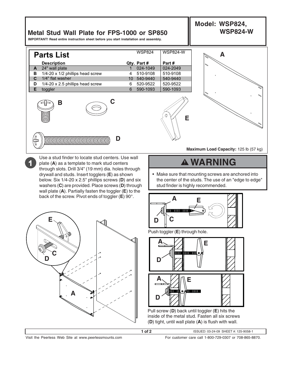 Peerless-AV WSP824 - Installation User Manual | 2 pages