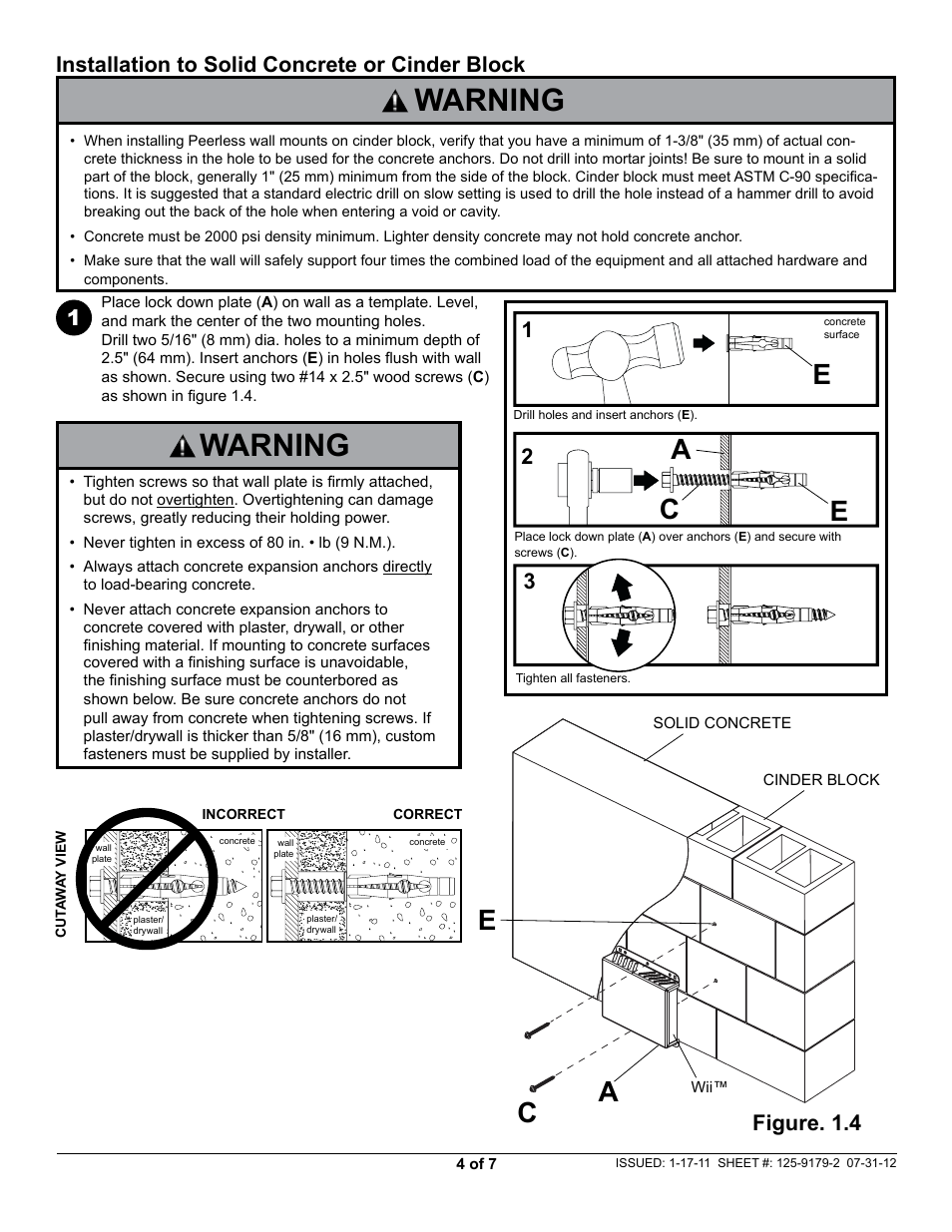 Warning, Ae c, Ac e | Installation to solid concrete or cinder block, Figure. 1.4 | Peerless-AV GC-WII - Installation User Manual | Page 4 / 7