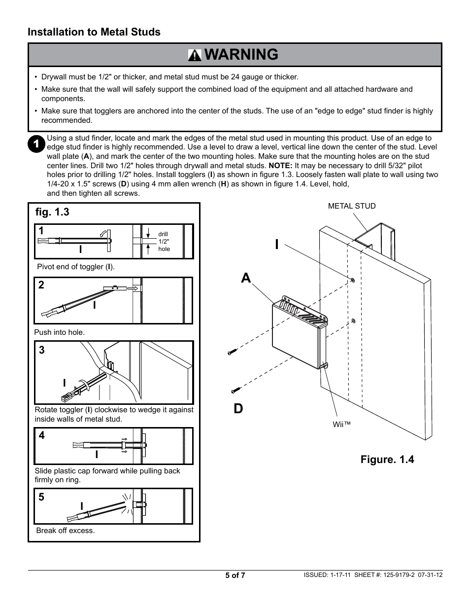 Warning, Da i | Peerless-AV GC-WII - Installation User Manual | Page 5 / 7