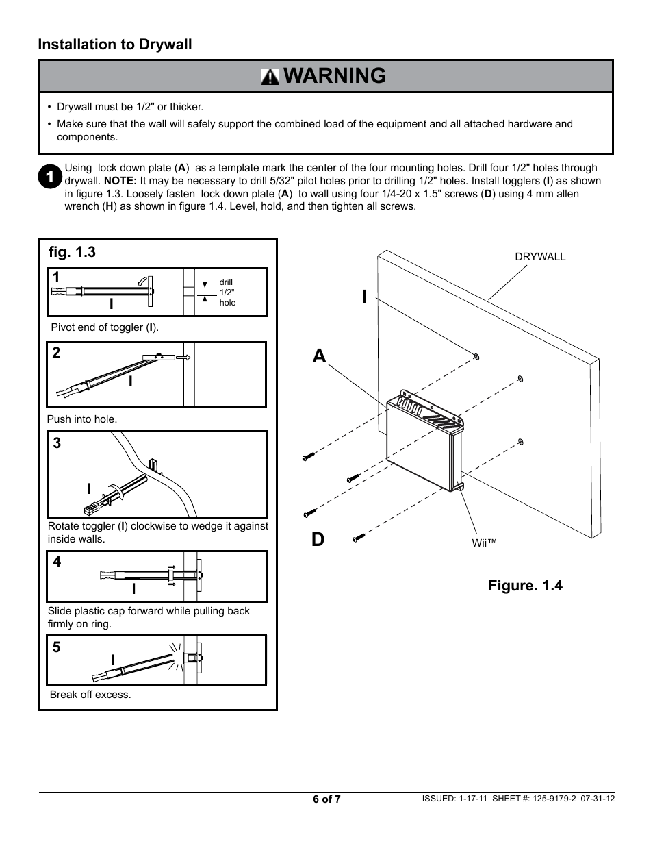 Warning, Da i | Peerless-AV GC-WII - Installation User Manual | Page 6 / 7