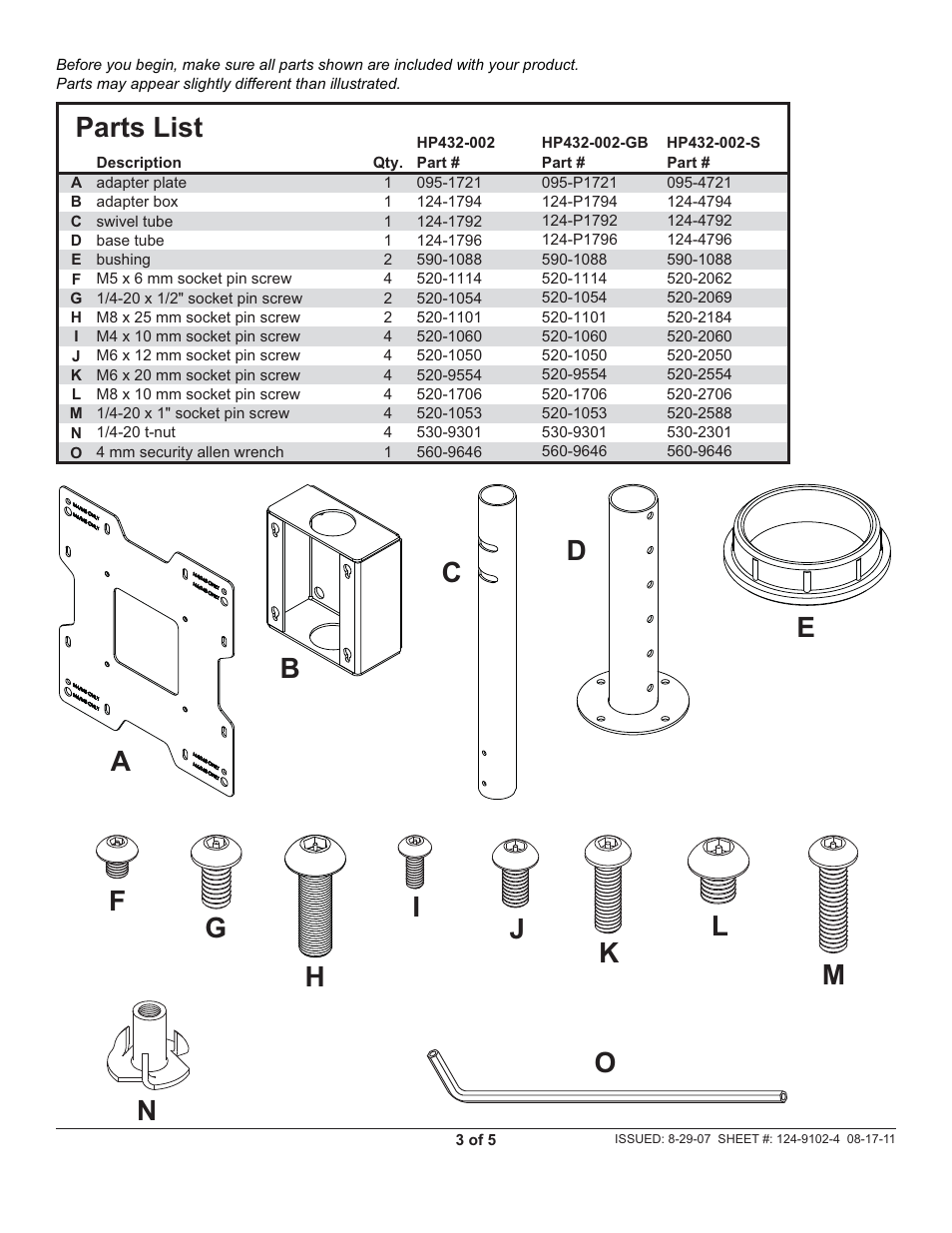 Parts list | Peerless-AV HP432-002-S - Installation User Manual | Page 3 / 5