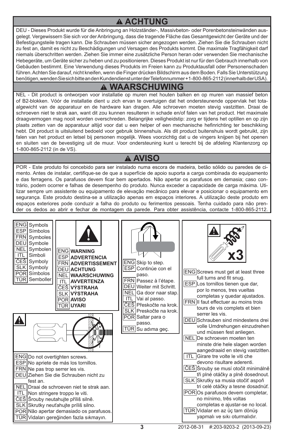 Waarschuwing, Achtung, Aviso | Peerless-AV STL646 - Installation User Manual | Page 3 / 20