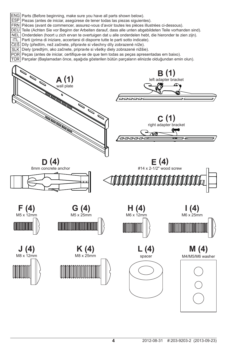 B (1) c (1), A (1), F (4) | G (4), H (4), I (4), J (4), K (4), D (4), E (4) | Peerless-AV STL646 - Installation User Manual | Page 4 / 20