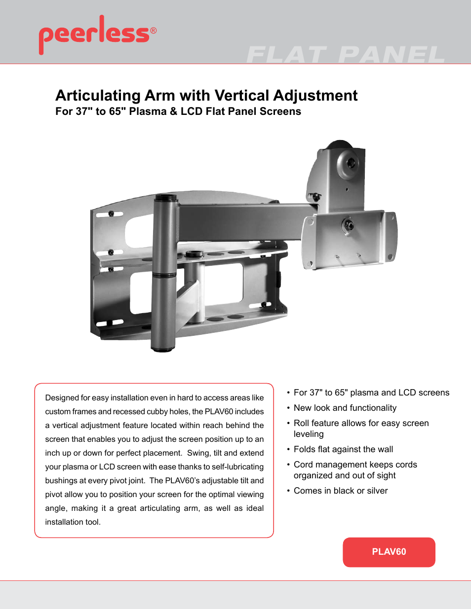 Peerless-AV PLAV60-UNLP  - Sell Sheet User Manual | 2 pages