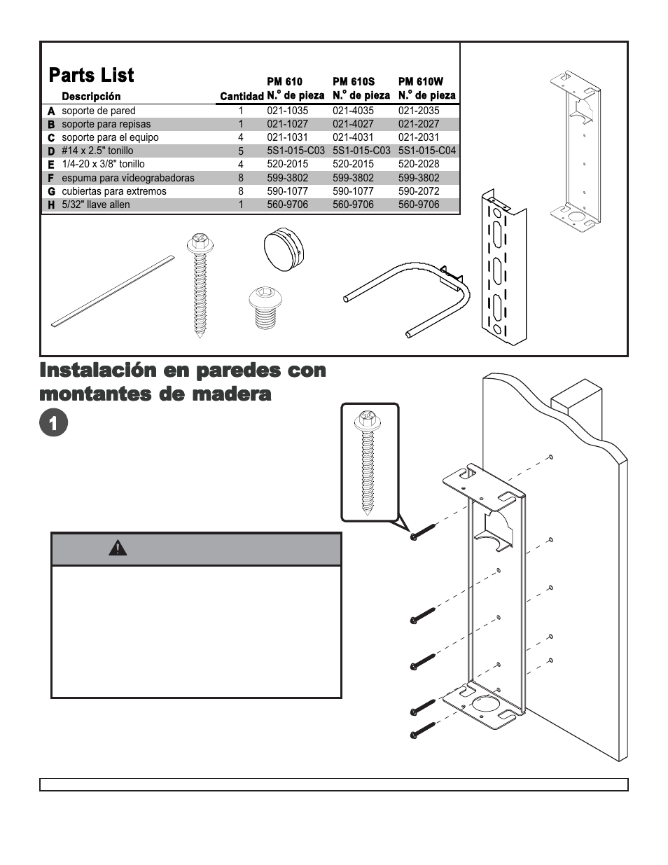 Advertencia, Parts list | Peerless-AV PM610 - Installation User Manual | Page 7 / 10