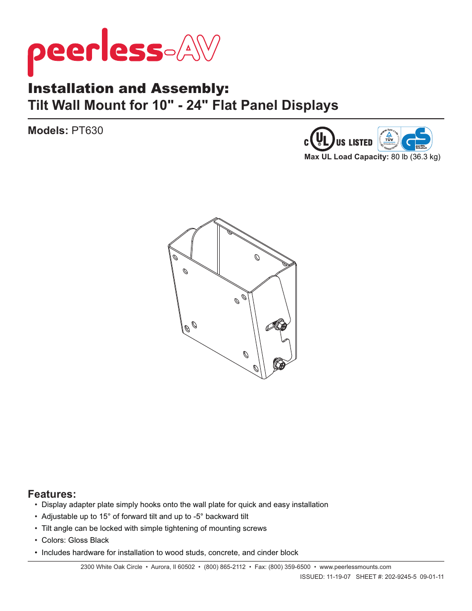 Peerless-AV PT630 - Installation User Manual | 23 pages