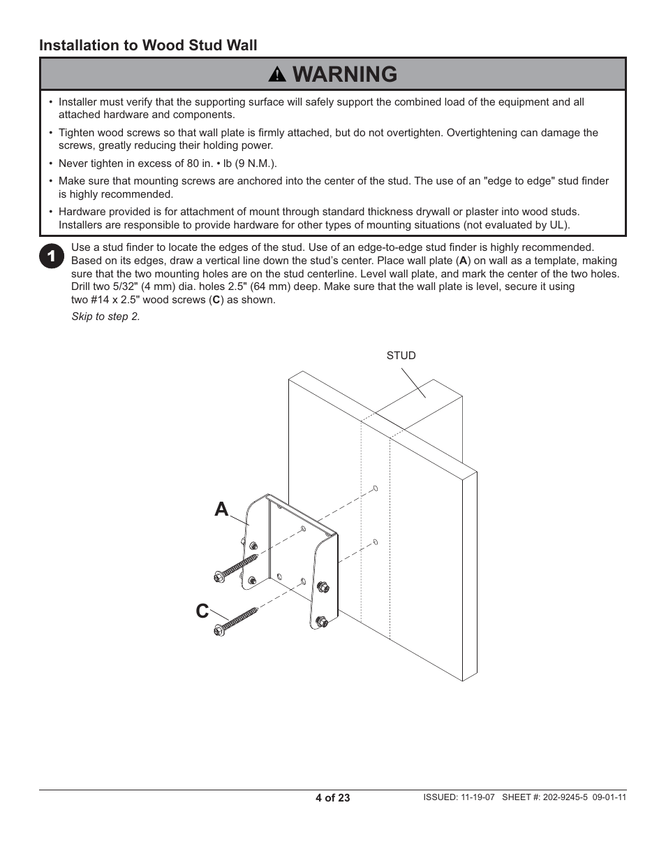 Warning | Peerless-AV PT630 - Installation User Manual | Page 4 / 23