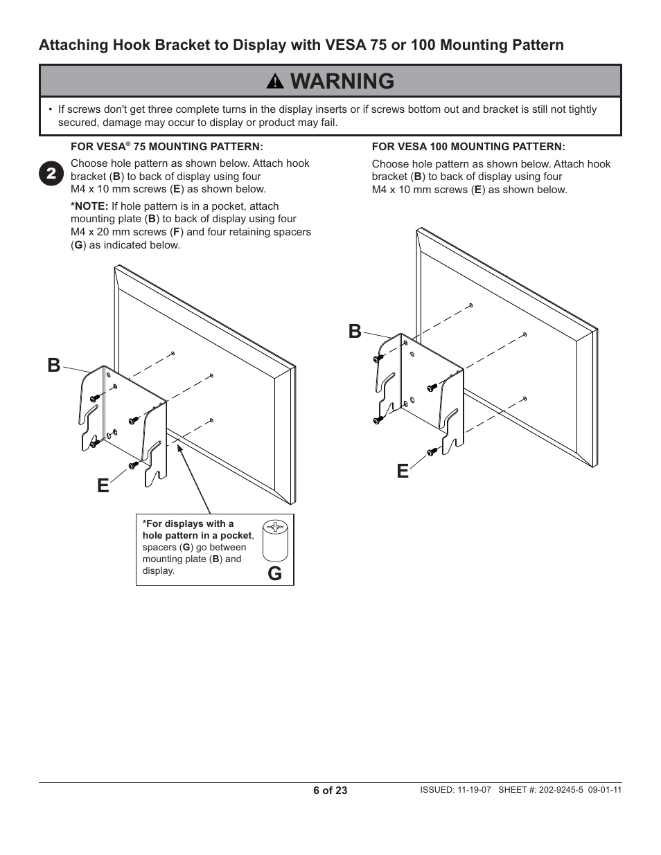 Warning, Eb b | Peerless-AV PT630 - Installation User Manual | Page 6 / 23