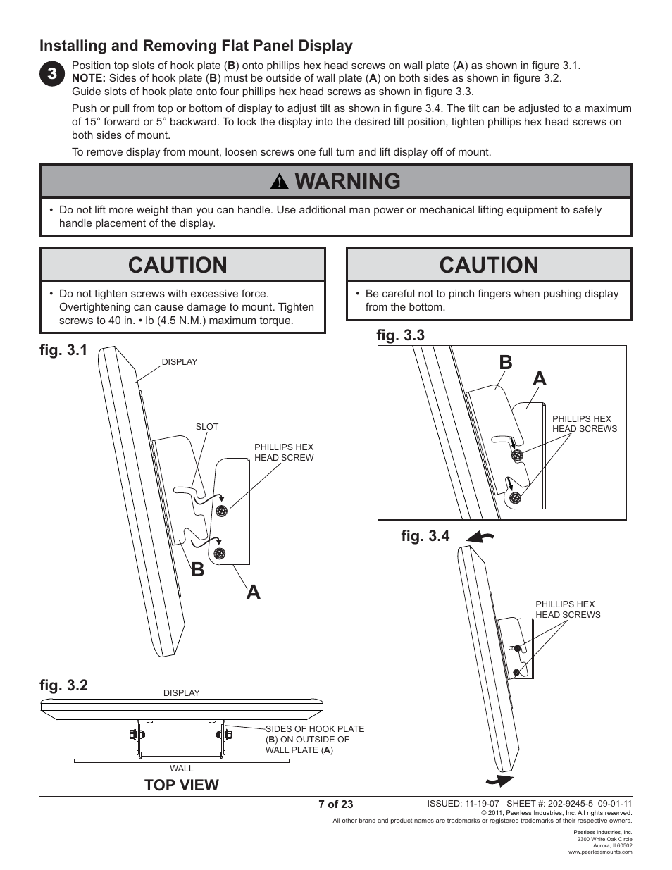 Warning, Caution, Installing and removing flat panel display 3 | FI g. 3.3 | Peerless-AV PT630 - Installation User Manual | Page 7 / 23