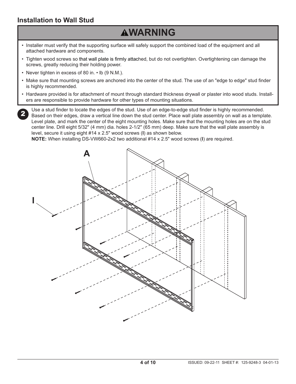 Warning, Installation to wall stud | Peerless-AV DS-VW660-2X2 - Installation User Manual | Page 4 / 10