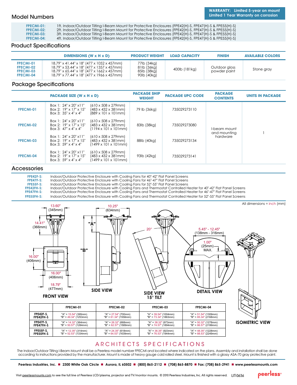 Product specifications model numbers, Package specifications, Accessories | Front view "a" "b, Side view, Side view detail view 15° tilt isometric view | Peerless-AV FPECMI-04  - Sell Sheet User Manual | Page 2 / 2