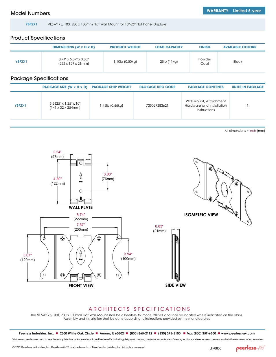 Package specifications, Product specifications model numbers | Peerless-AV YBF2X1  - Sell Sheet User Manual | Page 2 / 2