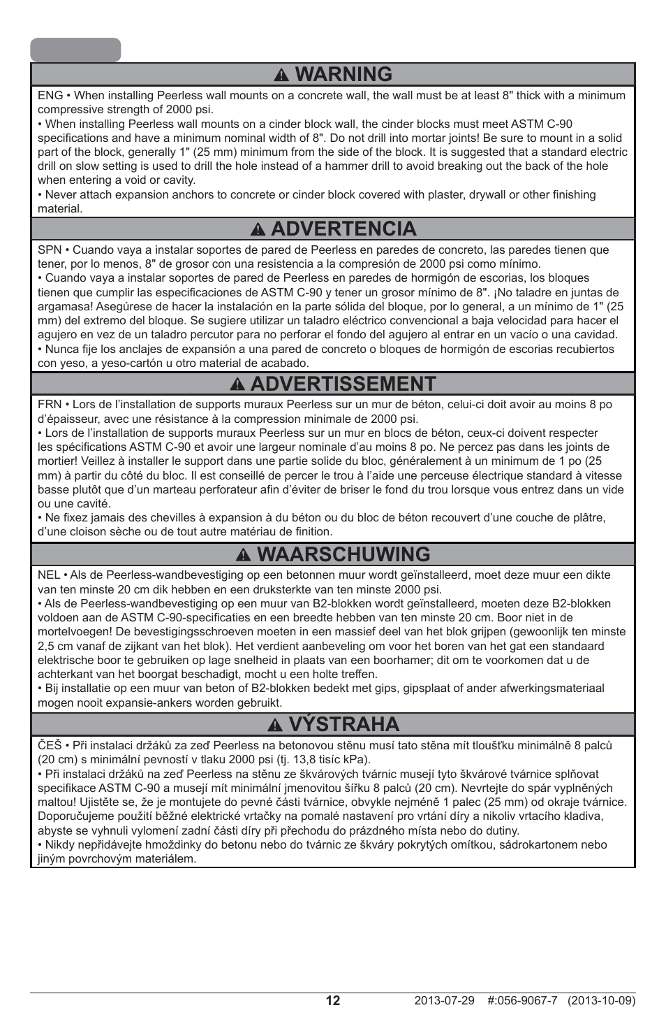 Warning, Waarschuwing, Advertissement | Advertencia, Výstraha | Peerless-AV PSTA-600 - Installation User Manual | Page 12 / 28