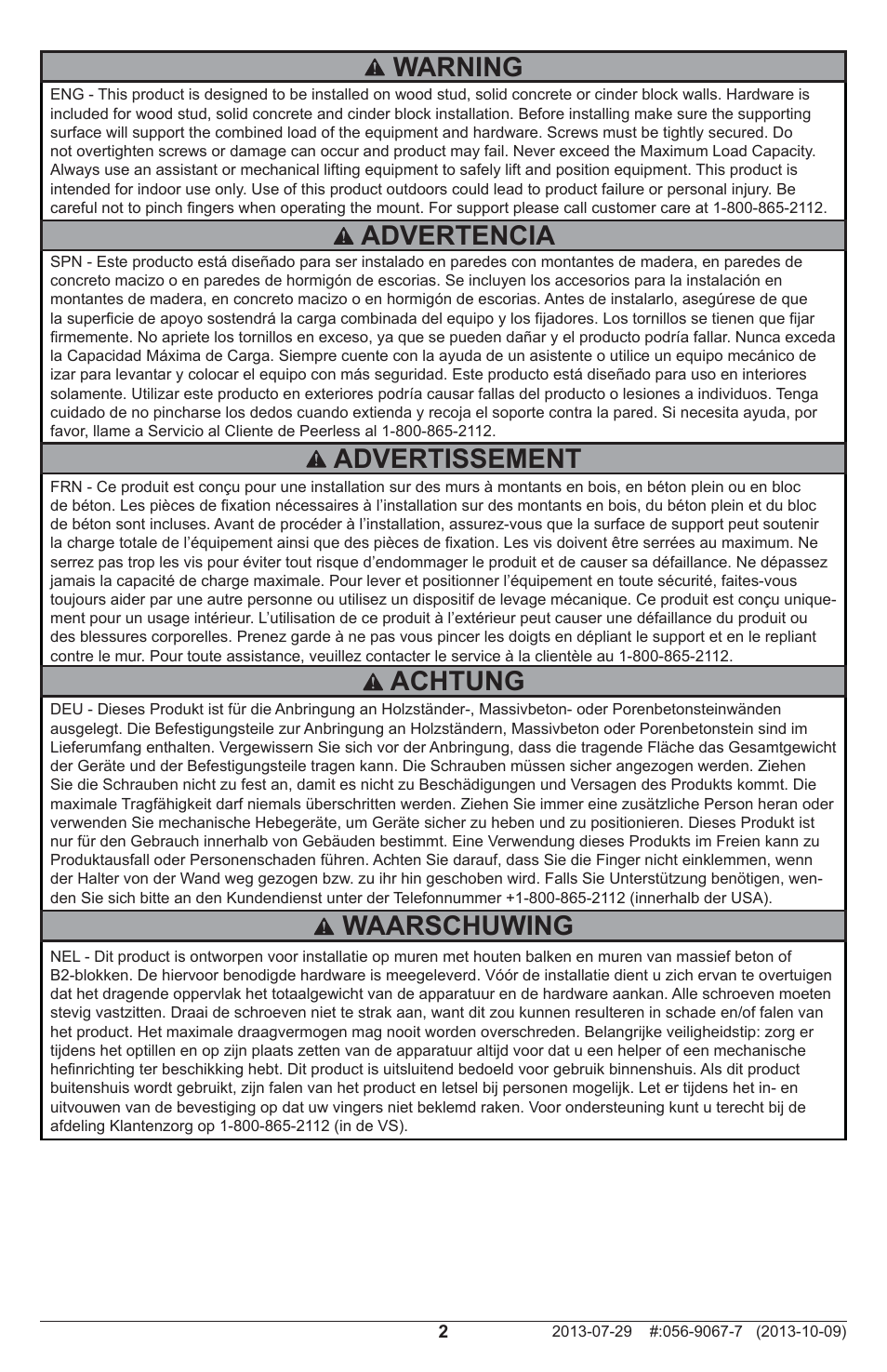 Warning, Advertencia advertissement, Achtung | Waarschuwing | Peerless-AV PSTA-600 - Installation User Manual | Page 2 / 28