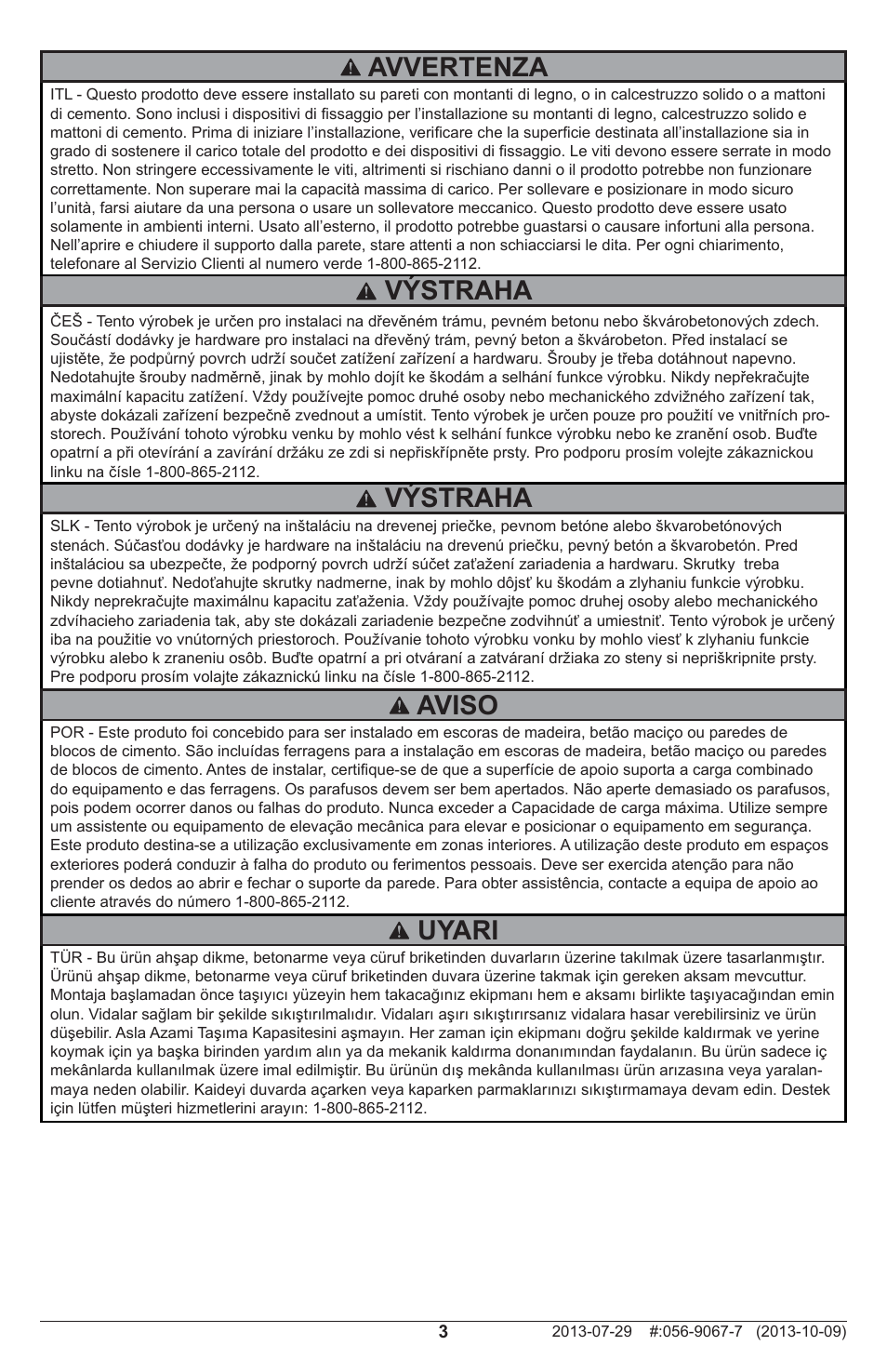 Výstraha, Uyari, Aviso | Avvertenza | Peerless-AV PSTA-600 - Installation User Manual | Page 3 / 28