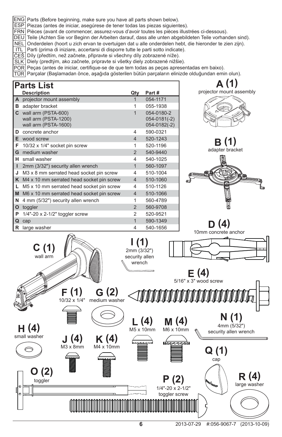 B (1), G (2), H (4) | J (4), K (4), L (4), M (4), I (1), N (1), O (2) | Peerless-AV PSTA-600 - Installation User Manual | Page 6 / 28